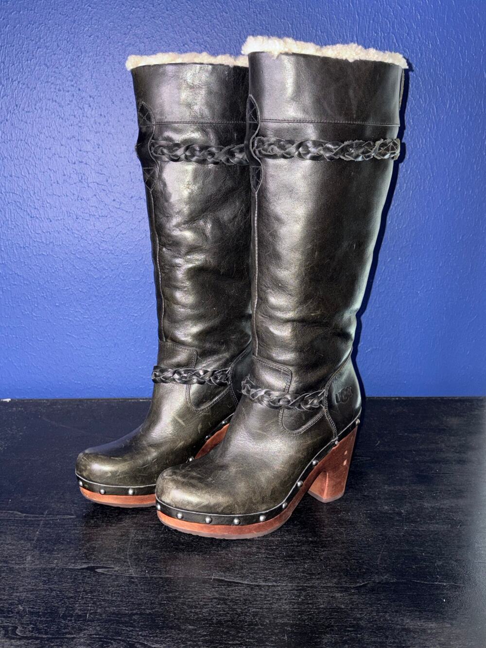 UGG Australia Leather & Sheepskin Braided Tall Boots – Women’s 6